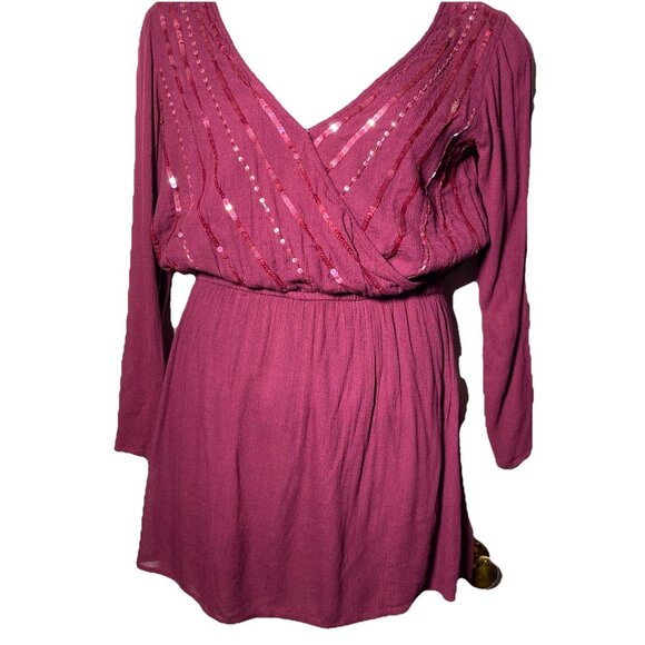 Chelsea & Violet Burgundy Sz Medium Crinkled Dress Beaded Sequin Vneck Holiday - Picture 2 of 10